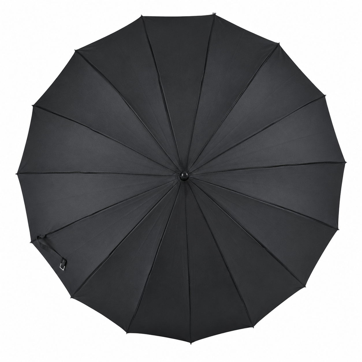 Top view of black pagoda umbrella showing elegant pointed canopy design