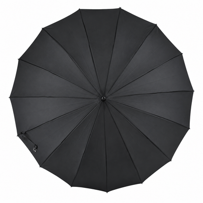 Top view of black pagoda umbrella showing elegant pointed canopy design