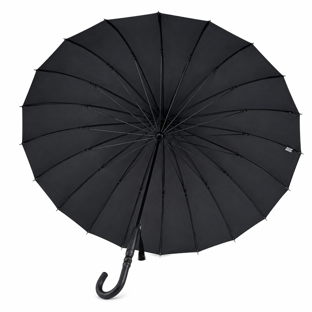 Underside of black pagoda umbrella showing spoke construction and canopy shape