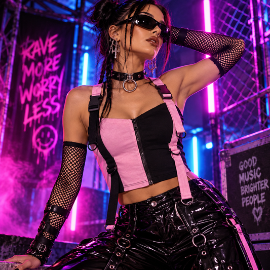 Black and pink harness rave crop top with D-ring straps styled at an underground techno rave