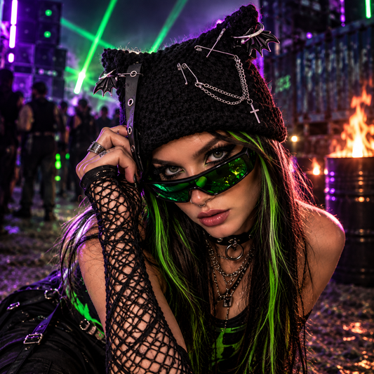 Black punk metal rave hat with cat ears, chains and safety pins styled at an underground outdoor rave