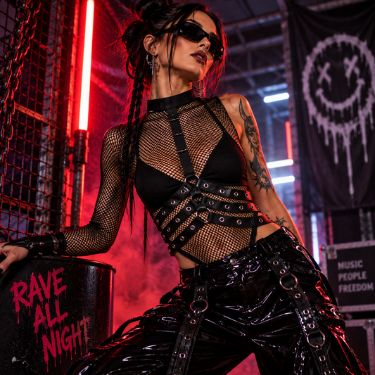 Black punk rib cage waist cincher with grommet straps styled over rave clothing at an underground techno event