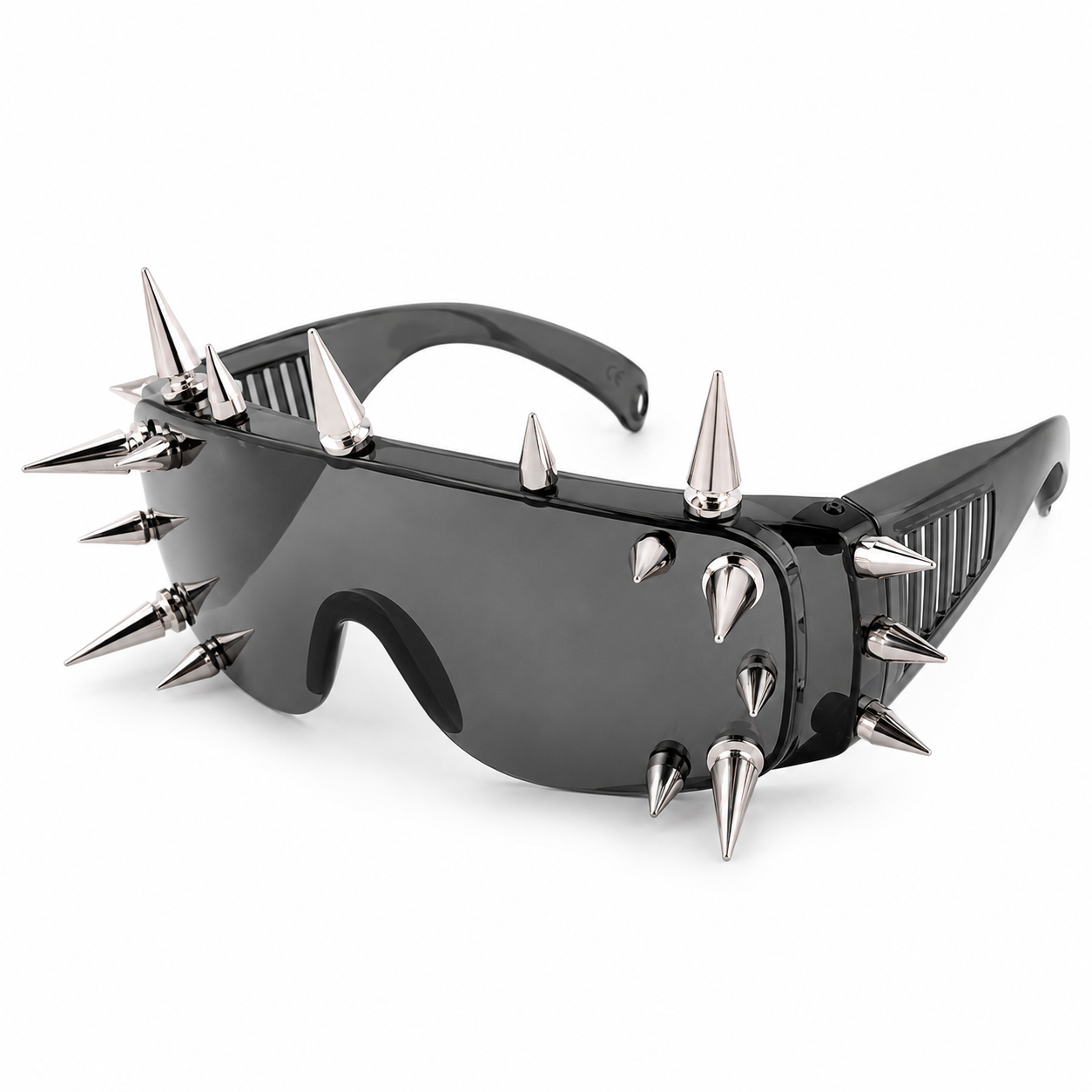 Black punk spike shield sunglasses angled product view