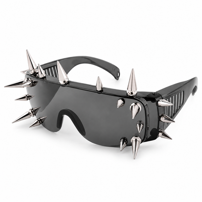 Black punk spike shield sunglasses angled product view