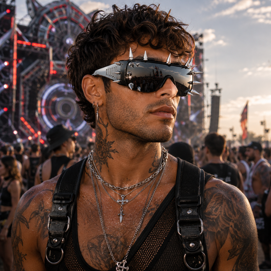Festival model wearing black punk spike shield sunglasses