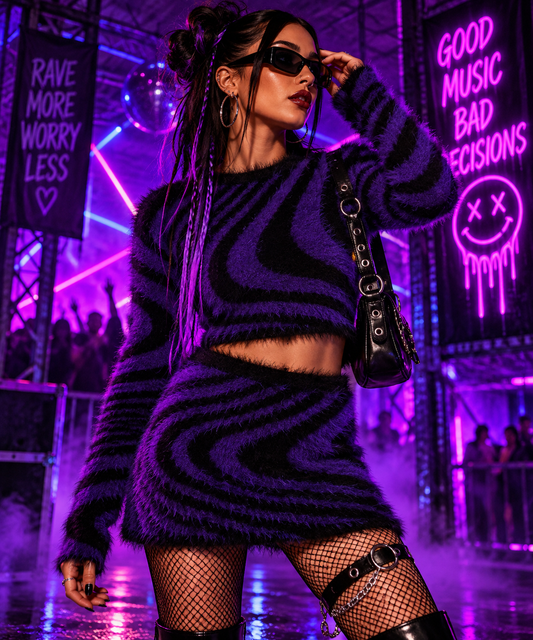 Black and purple psychedelic fuzzy rave jumper styled at an underground neon techno rave