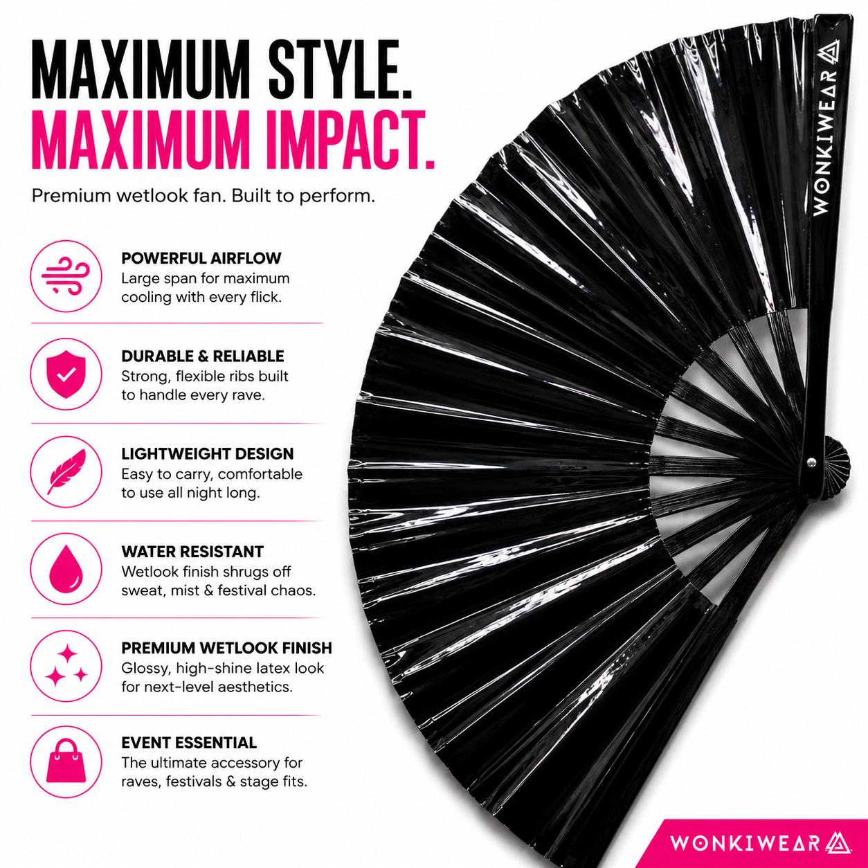Benefits of XL Black Raven PVC festival fan including reflective reverse and XL airflow
