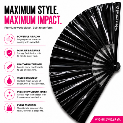 Benefits of XL Black Raven PVC festival fan including reflective reverse and XL airflow