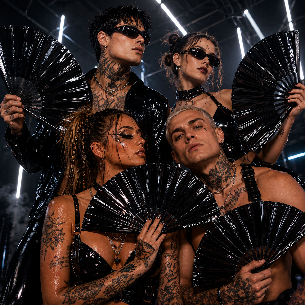 Festival group using XL Black Raven rave hand fan