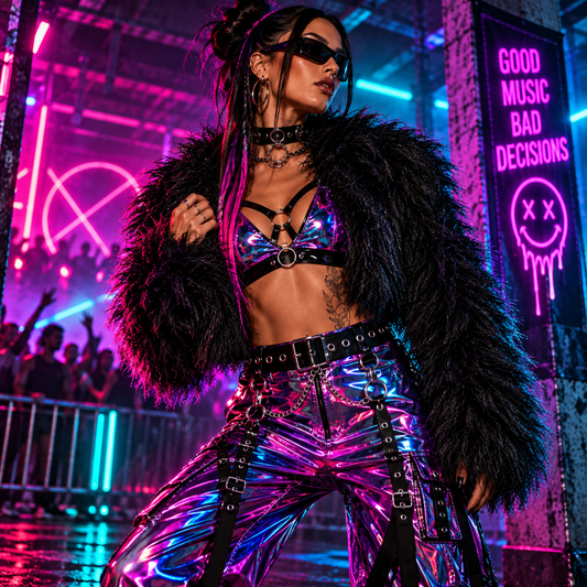 Black shaggy faux fur cropped rave jacket styled with futuristic alternative clothing at an underground rave