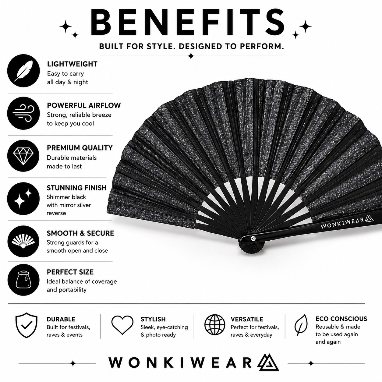 Benefits infographic showing features of the XL black shimmer festival fan