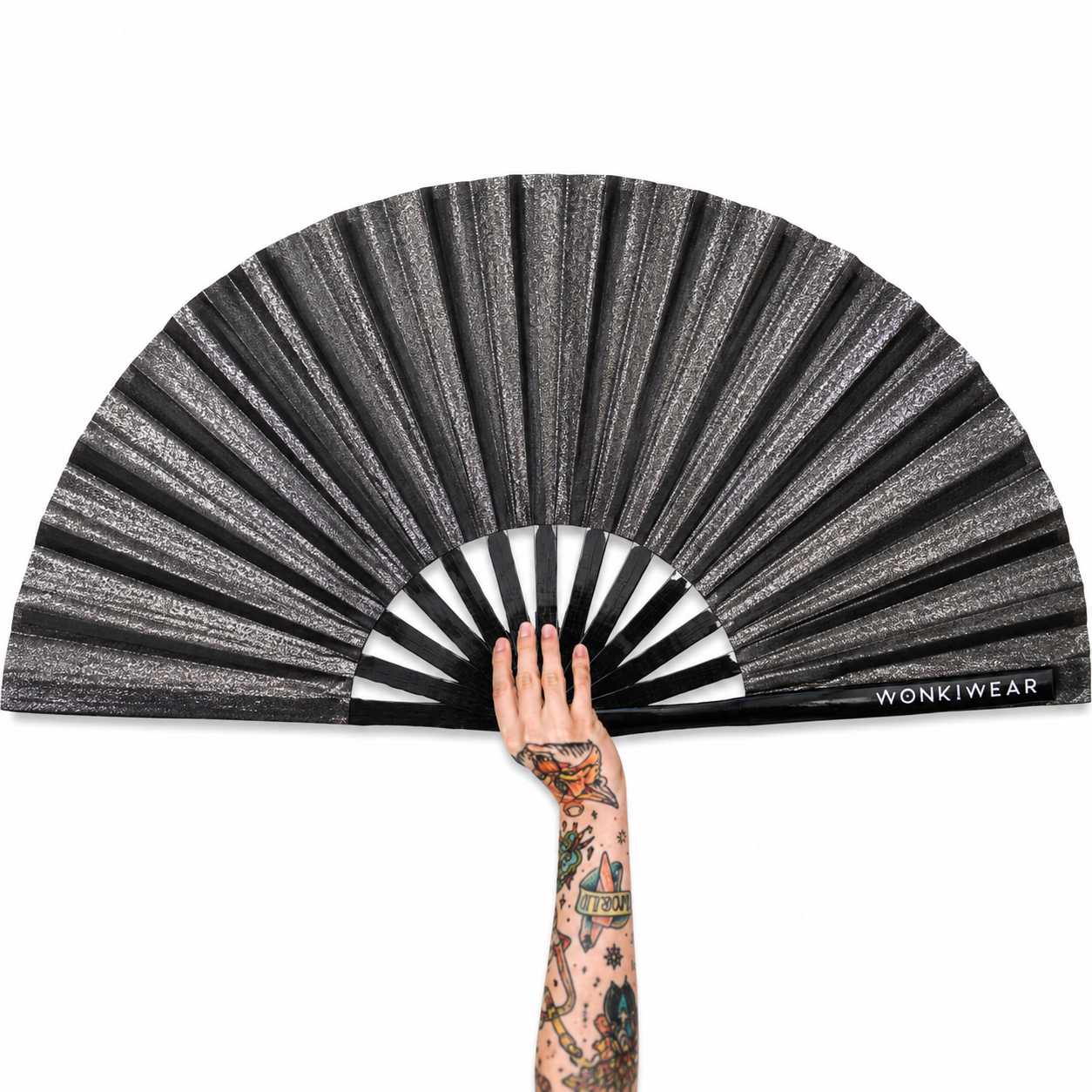 XL black shimmer festival fan with subtle metallic finish and black bamboo ribs