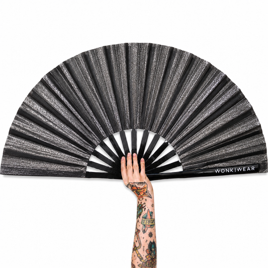 XL black shimmer festival fan with subtle metallic finish and black bamboo ribs