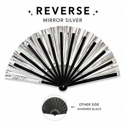 Mirror silver reverse side of XL black shimmer festival fan
