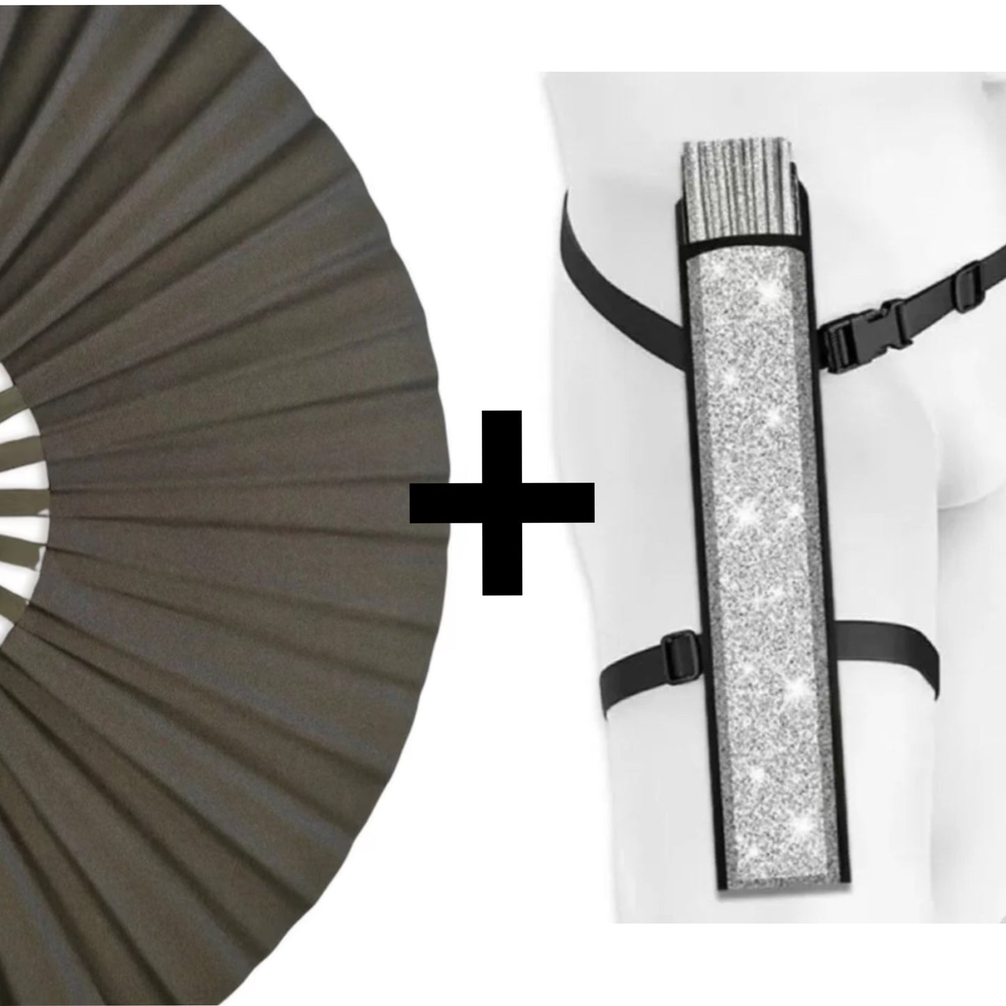XL black shimmer festival fan paired with matching WonkiWear silver holster
