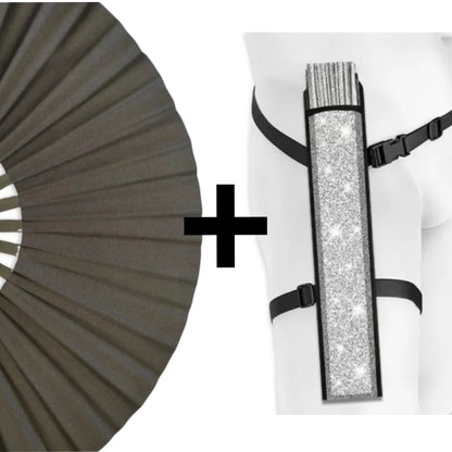 XL black shimmer festival fan paired with matching WonkiWear silver holster