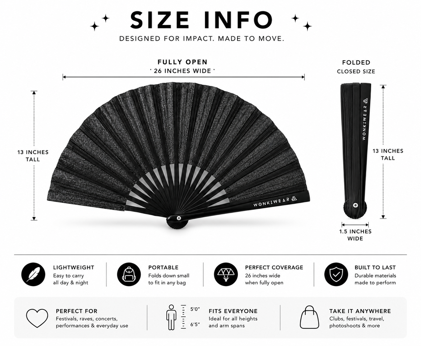 Size guide showing the 26 inch width of the XL black shimmer festival fan