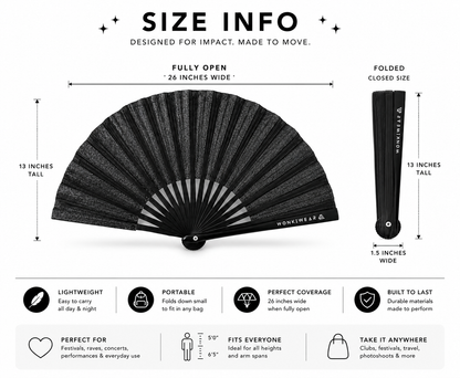 Size guide showing the 26 inch width of the XL black shimmer festival fan