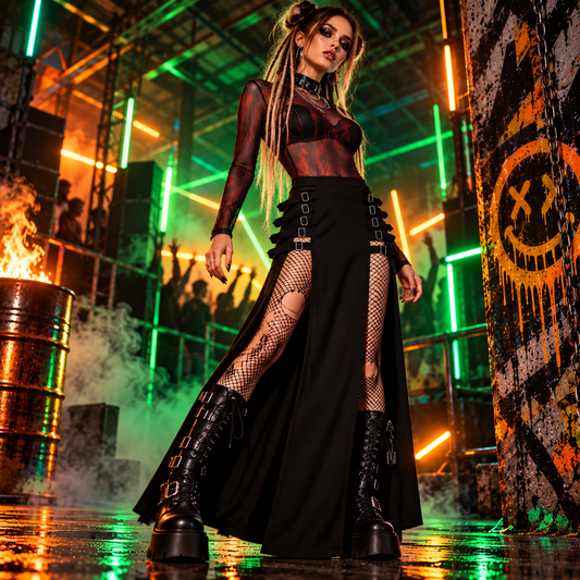 Black Dark In Love slit maxi skirt with faux leather buckle straps styled with fishnets and platform boots at an underground neon rave