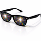 Black frame starburst diffraction glasses with rainbow light burst effect lenses on a clean background