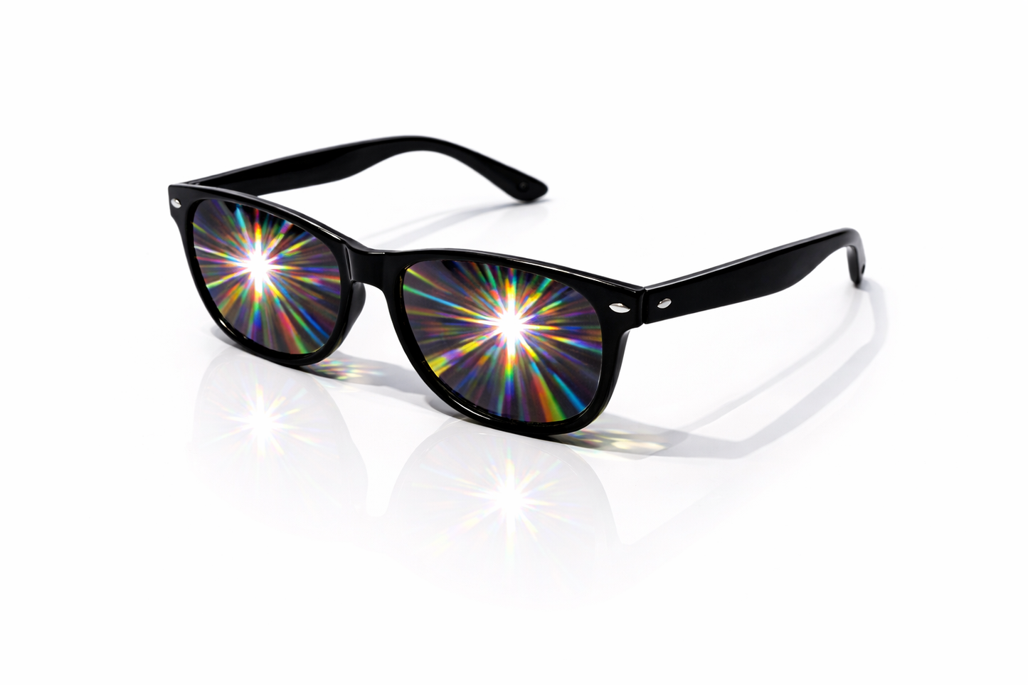Black frame starburst diffraction glasses with rainbow light burst effect lenses on a clean background