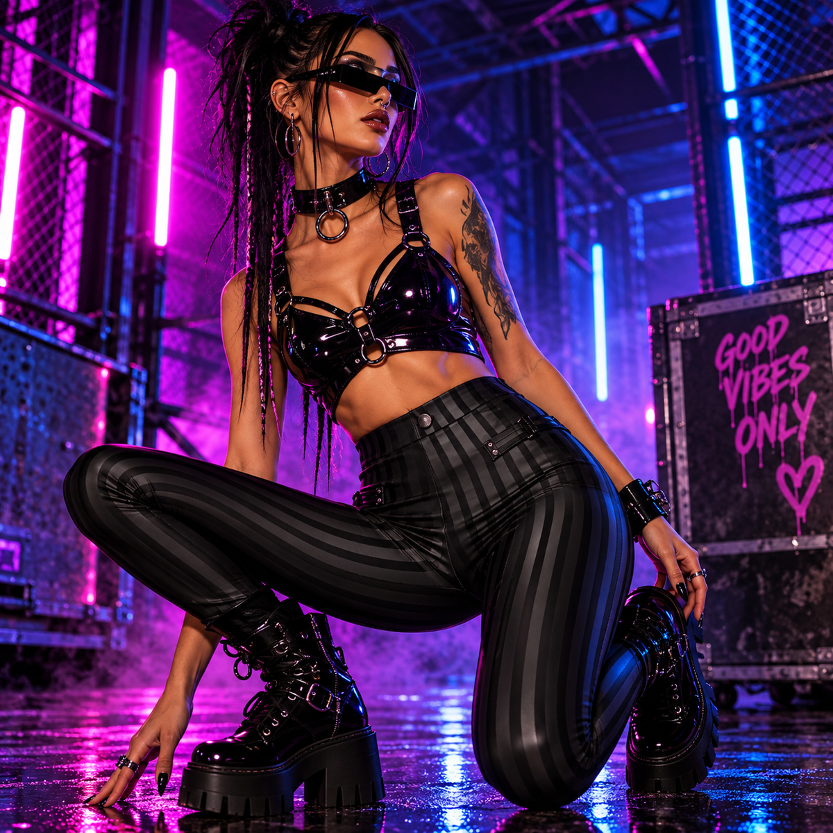 Black striped buckle rave leggings with industrial detailing styled at an underground techno rave