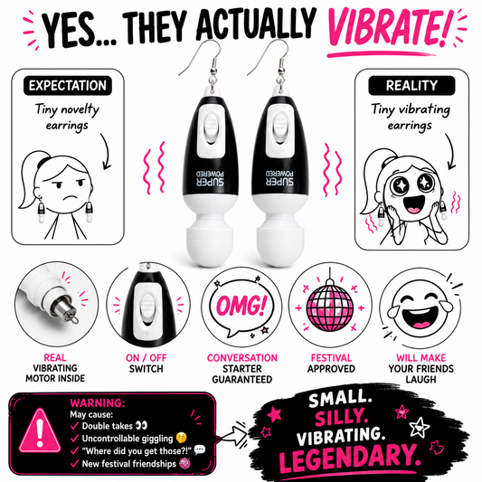 Funny infographic showing black mini earrings that actually vibrate