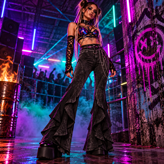Black Punk Rave bell flared trousers with layered ruffled fishtail hems styled at an underground neon rave