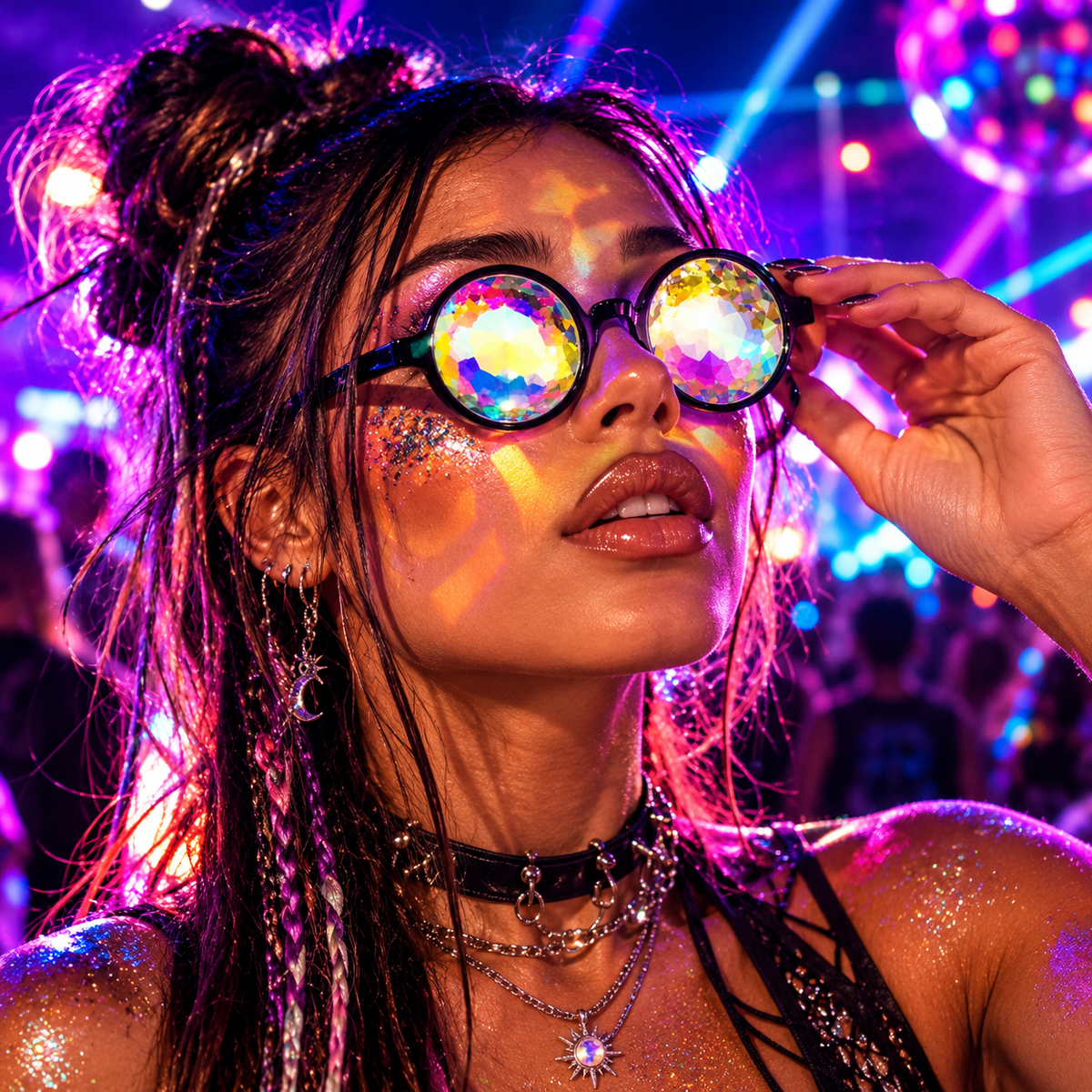 Woman wearing black Whirlpool kaleidoscope glasses at a neon-lit underground rave