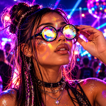 Woman wearing black Whirlpool kaleidoscope glasses at a neon-lit underground rave