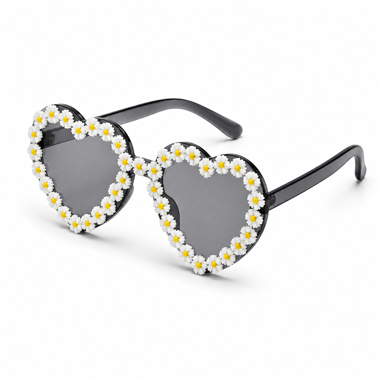 Angled view of black and white heart shaped daisy sunglasses