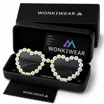 Black and white heart shaped daisy sunglasses displayed in WonkiWear gift box