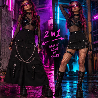 Black zip-off cargo rave skirt with utility pockets, silver chains and buckles styled at an underground techno rave