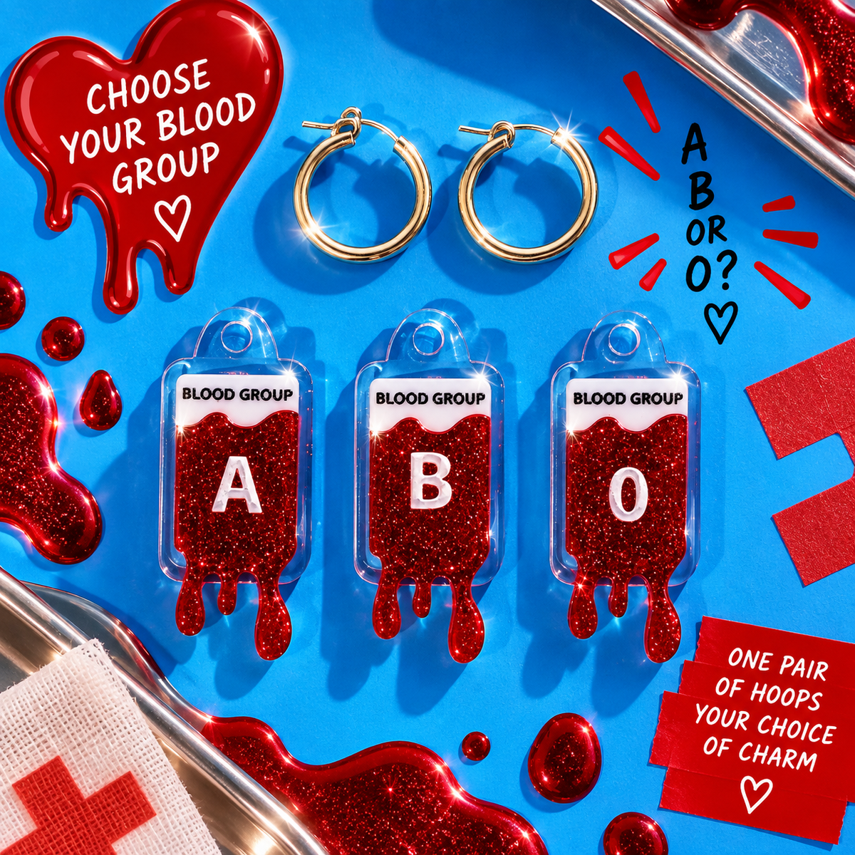 Blood Bag hoop earrings with glittery red A, B and O blood group charms by Cuteryko