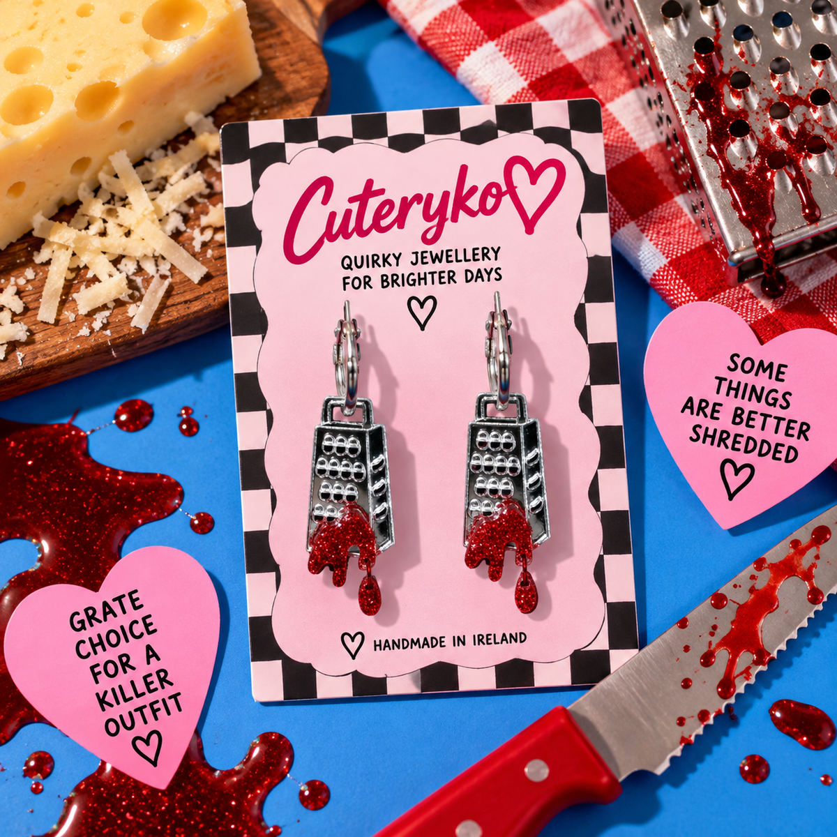 Bloody Cheese Grater hoop earrings with shiny grater charms and glittery red blood drips by Cuteryko