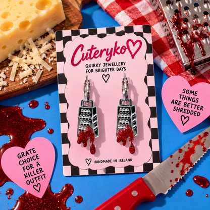Bloody Cheese Grater hoop earrings with shiny grater charms and glittery red blood drips by Cuteryko