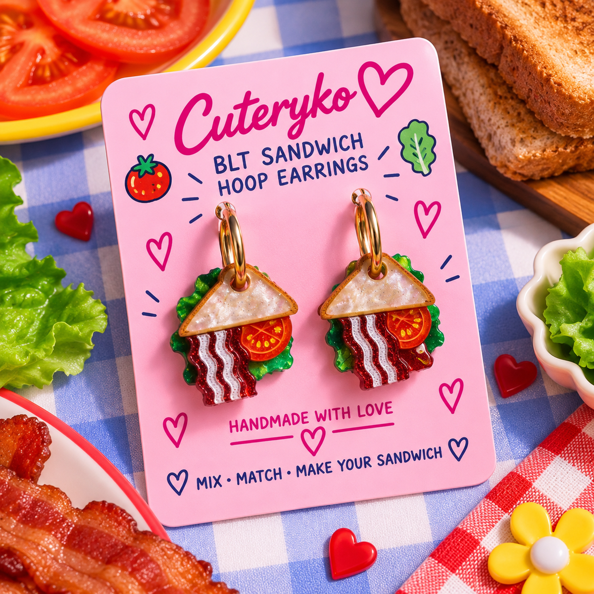 BLT Sandwich hoop earrings with bacon, lettuce, tomato and bread charms by Cuteryko