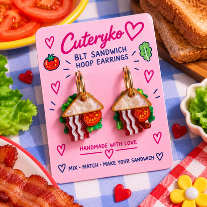 BLT Sandwich hoop earrings with bacon, lettuce, tomato and bread charms by Cuteryko