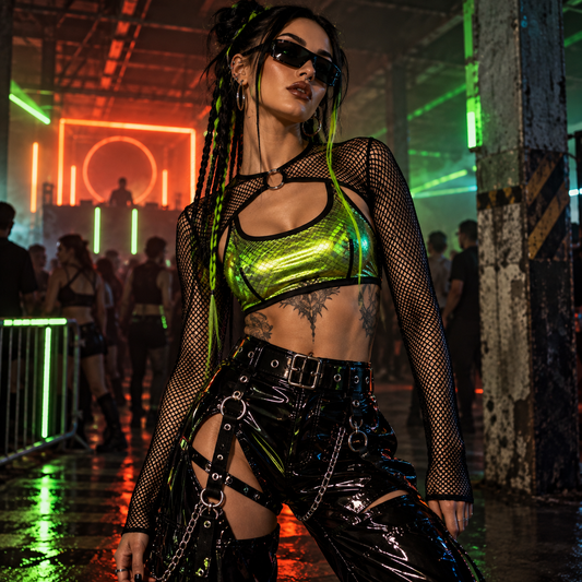 Blue-black metallic fishnet rave crop top layered over neon clothing at an underground techno rave