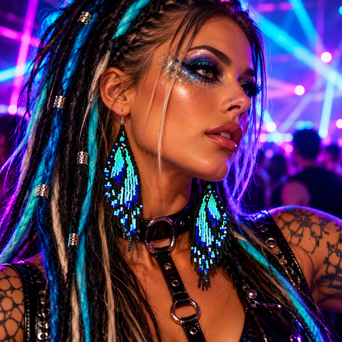 Woman wearing long black and blue butterfly beaded fringe earrings in a vibrant neon underground rave setting