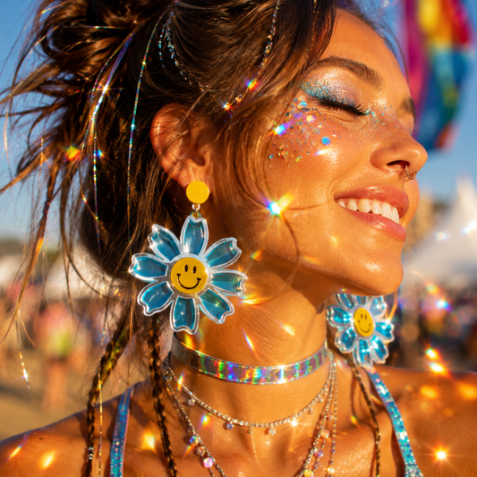Festival model wearing oversized blue transparent smiley daisy sun catcher statement earrings