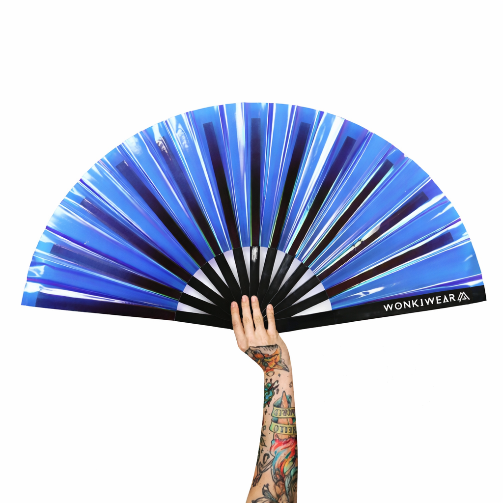 Blue iridescent festival fan UK holographic rave fan