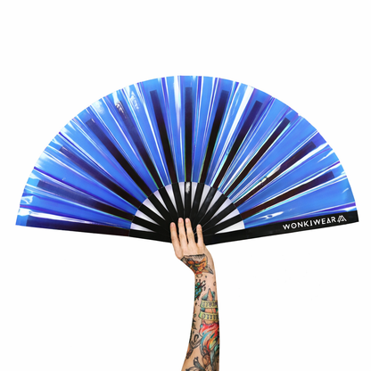 Blue iridescent festival fan UK holographic rave fan