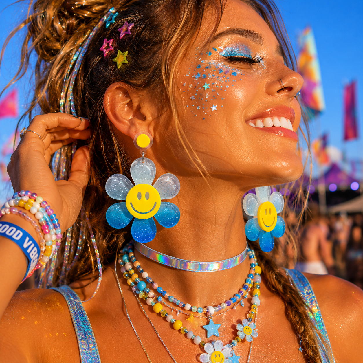 Festival model wearing oversized blue glitter daisy statement earrings