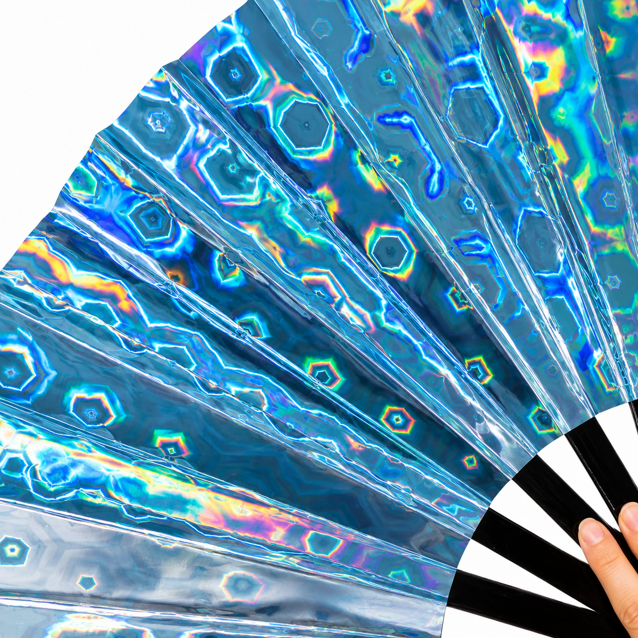 Close-up of blue holographic festival fan showing reflective iridescent detail