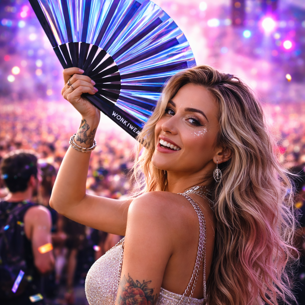 Model holding blue holographic festival fan
