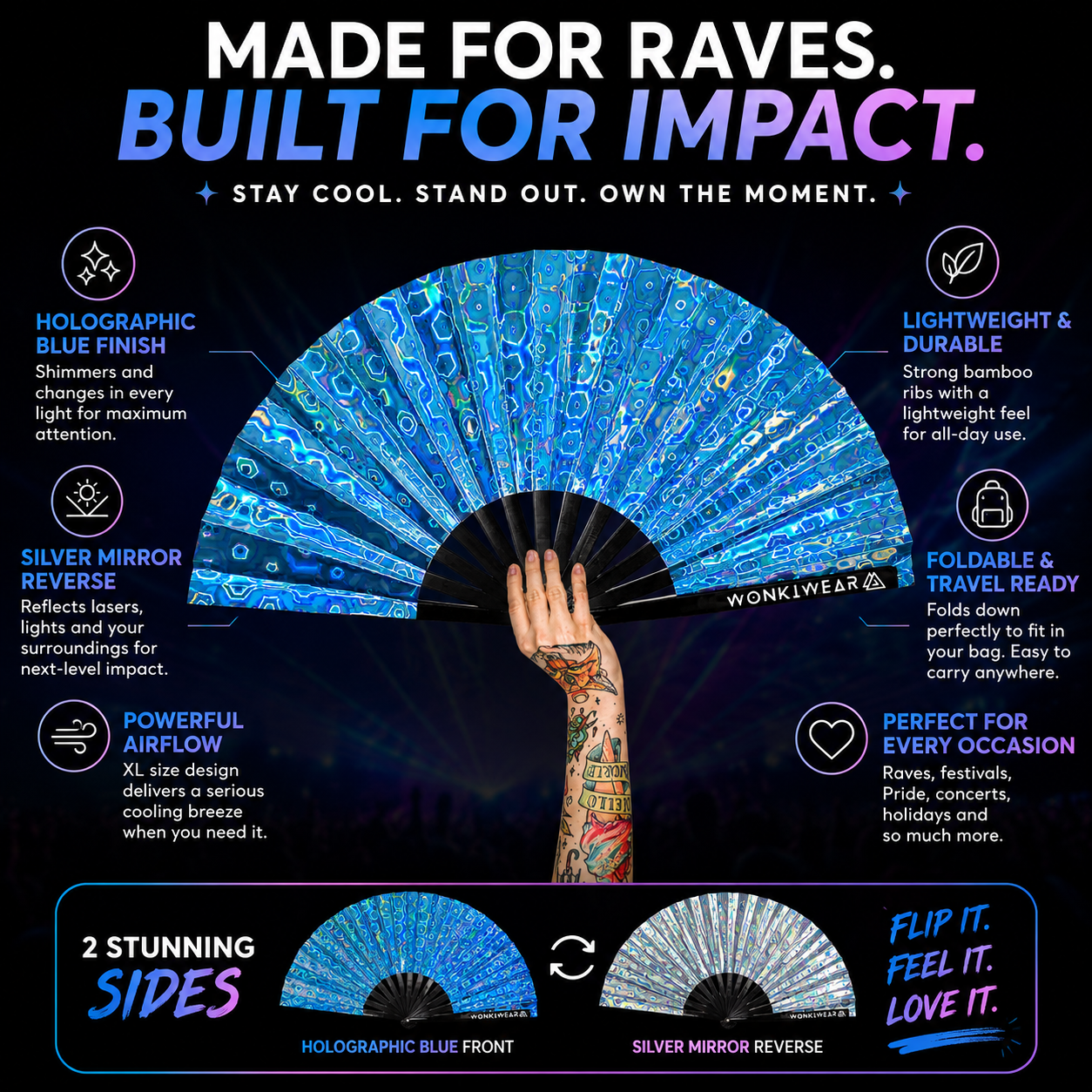 Benefits infographic showing airflow, holographic finish and silver mirror reverse