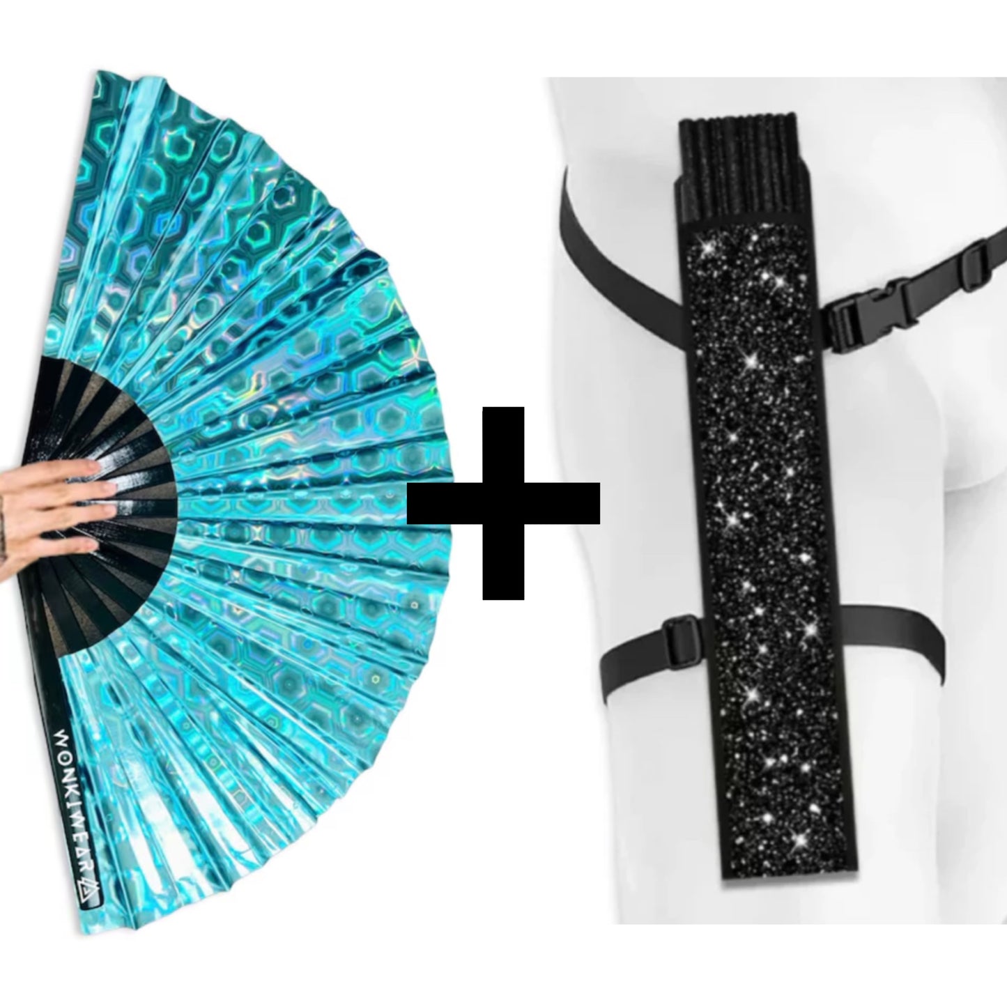 Blue holographic XL festival fan with black carrying holster bundle