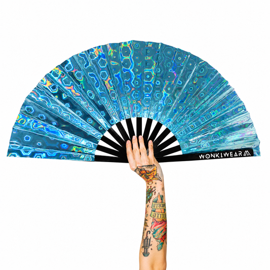 XL blue holographic festival fan with silver mirror reverse