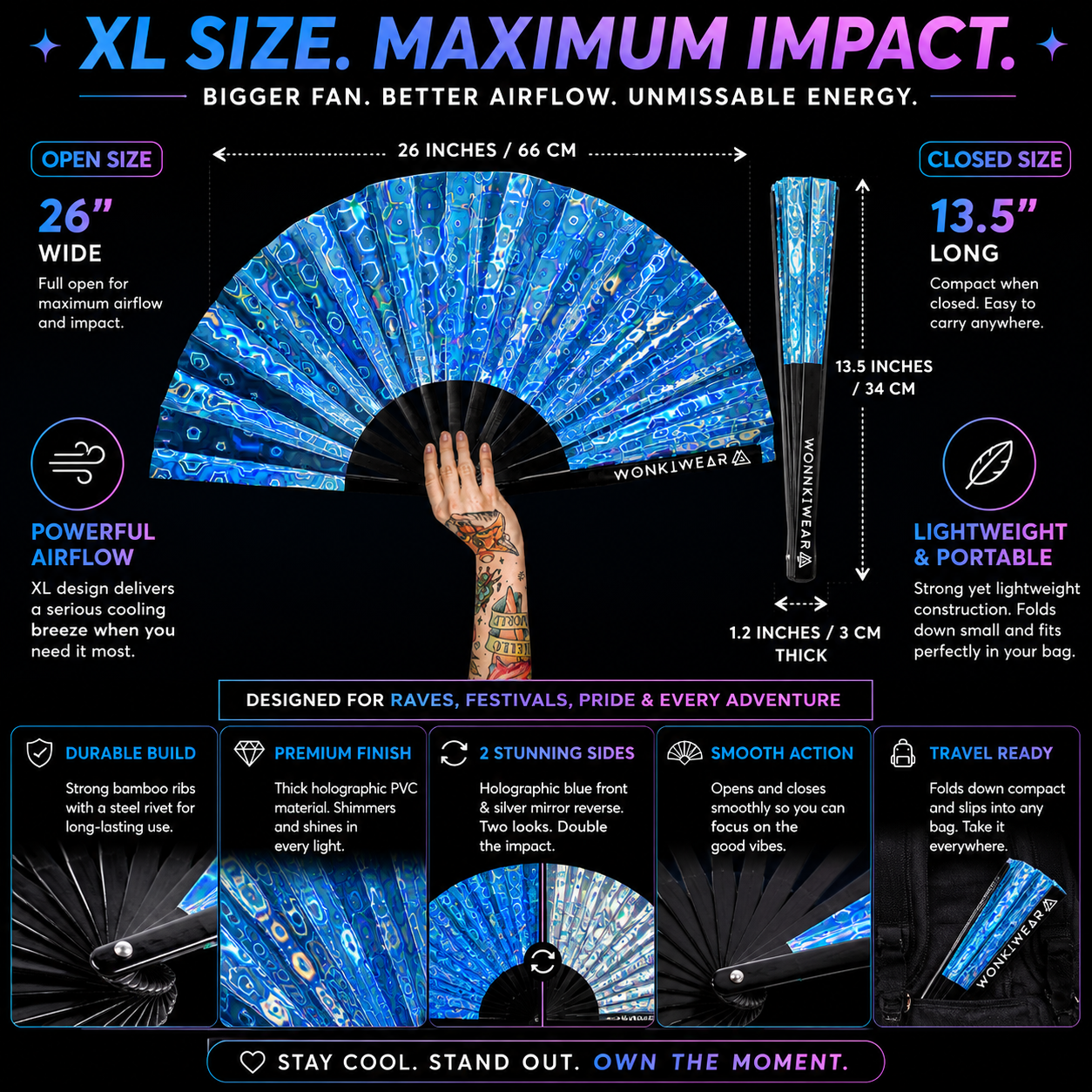 Size guide showing dimensions of XL blue holographic festival fan